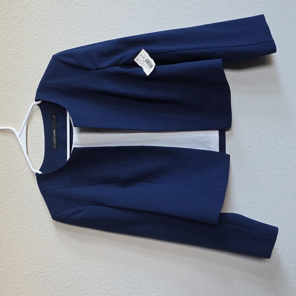 NWT Iris Setlakwe Navy Blue Crop Open Front Blazer Career Office Crepe Stretch